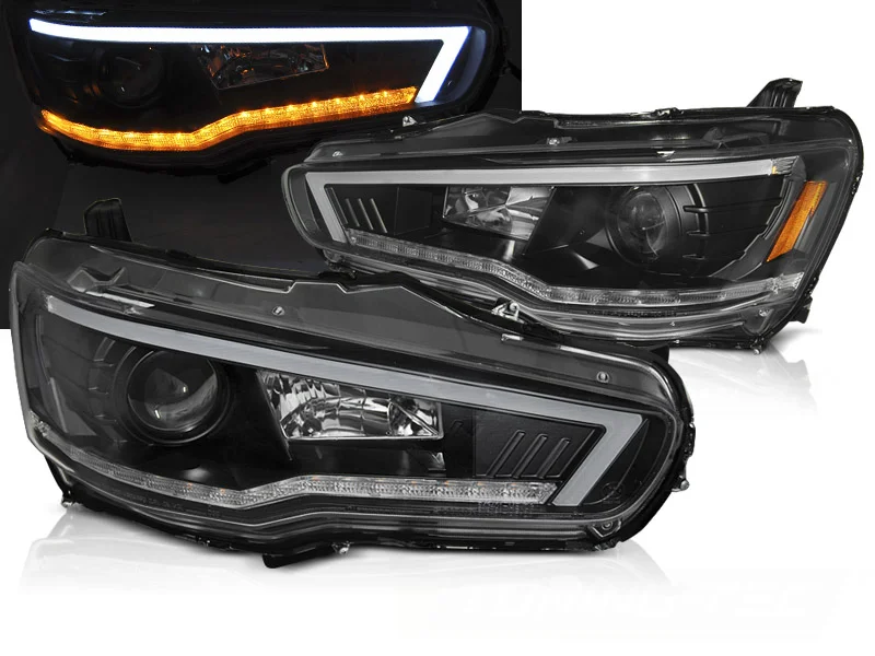 Frontlykter Mitsubishi Lancer 8 08-16 Tube Lights SEQ Svart v:6572337